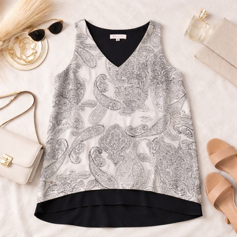 Philosophy Republic Clothing Paisley V-Neck Sleeveless Blouse XL Black White